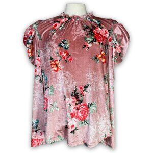 ANDREE by Unit Crushed Velvet Pink Floral High-Neck Long-Sleeve Top Romantic